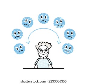 blue monday, hand drawing sad boy with blue emojies flying aroung, bad mood sketch, vector illustration