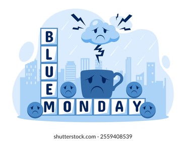 Blue Monday Illustration Depicting Sadness and Mental Health Influenced by Weather and certain circumstances in a Flat Style Cartoon Background