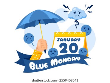 Blue Monday Illustration Depicting Sadness and Mental Health Influenced by Weather and certain circumstances in a Flat Style Cartoon Background