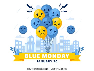 Blue Monday Illustration Depicting Sadness and Mental Health Influenced by Weather and certain circumstances in a Flat Style Cartoon Background