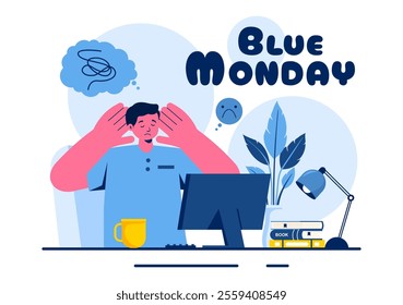 Blue Monday Illustration Depicting Sadness and Mental Health Influenced by Weather and certain circumstances in a Flat Style Cartoon Background