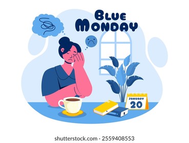 Blue Monday Illustration Depicting Sadness and Mental Health Influenced by Weather and certain circumstances in a Flat Style Cartoon Background