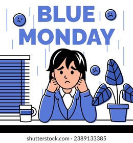 Blue Monday illustration with an upset office employee drinking coffee at the table.