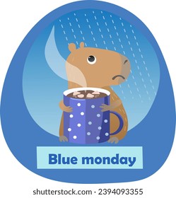 Blue monday in January. Design with sad capybara in flat style. Vector art