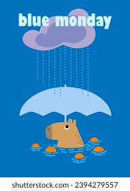 Blue monday in January. Design with text Blue Monday and sad capybara in flat style. Vector art