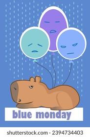 Blue monday in January. Design with text Blue Monday and sad capybara in flat style. Vector art