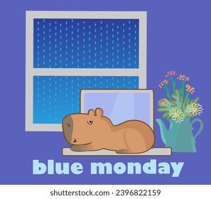 Blue monday in January. Design with text Blue Monday and sad capybara in flat style. Vector art