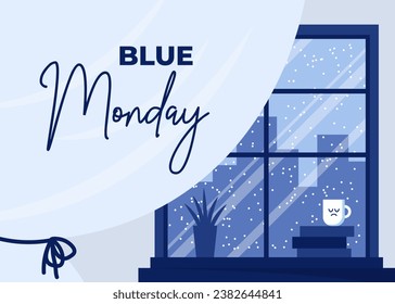 Blue monday in January. Landscape with winter view in window, sad mug and books in flat style. Concept for banner, poster, social media. Vector illustration