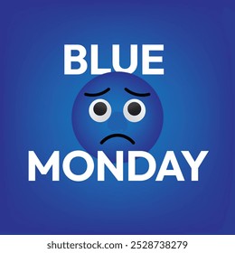 Blue monday poster design with emoticon face on glowing blue background.