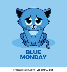 Blue Monday poster with sad kitten vector illustration. Very sad sitting kitten cartoon character. Unhappy little cat icon vector isolated on a blue background. The most depressing day of the year