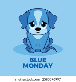 Blue Monday poster with sad puppy vector illustration. Very sad sitting puppy dog cartoon character. Unhappy little dog icon vector isolated on a blue background. The most depressing day of the year