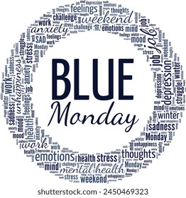 Blue Monday word cloud conceptual design isolated on white background.