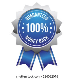 Blue money back badge with silver border on white background