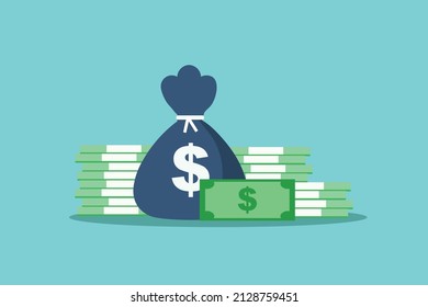 blue money bag, money bills, pile of money, money illustration on a blue background