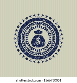 Blue money bag icon inside distressed rubber stamp