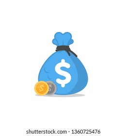 Blue money bag vector icon, moneybag flat simple cartoon illustration with black drawstring and dollar sign isolated on white background. Business cost concept. Vector Illustration