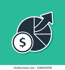 Blue Money and diagram graph icon isolated on green background. Financial analytics, budget planning, finance managemen.  Vector Illustration