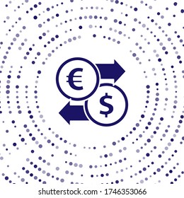Icono de intercambio de dinero azul aislado en fondo blanco. Símbolo de transferencia de efectivo en euros y dólares. Signo de moneda bancaria. Resumen de puntos aleatorios de círculo. Ilustración vectorial
