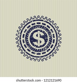 Blue money icon inside distress with rubber seal texture