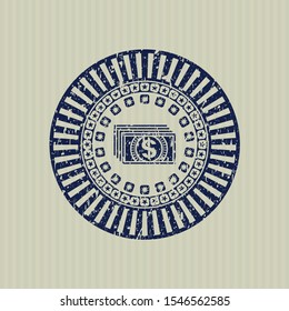 Blue money icon inside distress rubber grunge stamp