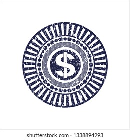 Blue money icon inside rubber grunge seal