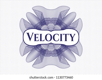 Blue money style emblem or rosette with text Velocity inside