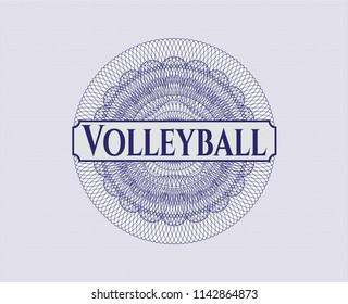 Blue money style emblem or rosette with text Volleyball inside