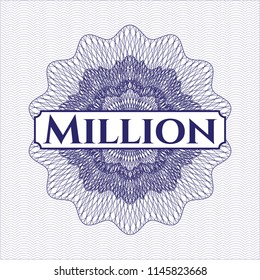 Blue money style emblem or rosette with text Million inside