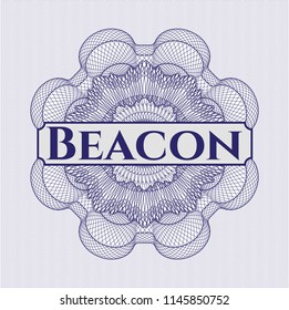 Blue money style emblem or rosette with text Beacon inside