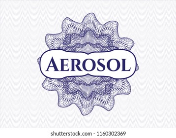 Blue money style emblem or rosette with text Aerosol inside