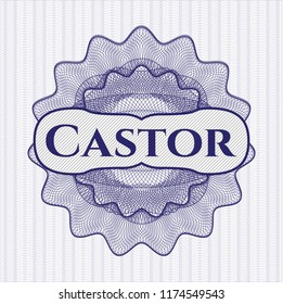 Blue money style emblem or rosette with text Castor inside