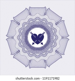 Blue money style emblem or rosette with heart with two arrows icon inside