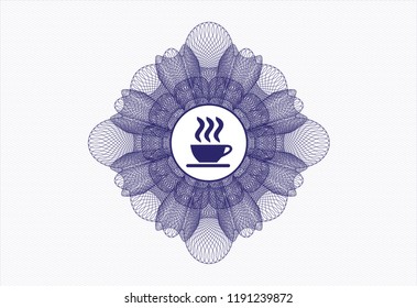 Blue money style emblem or rosette with coffee cup icon inside