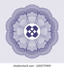 Blue money style emblem or rosette with dumbbell icon inside