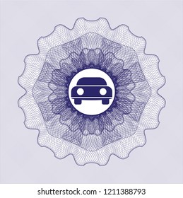 Blue money style emblem or rosette with car seen from front icon inside