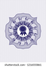 Blue money style emblem or rosette with ribbon icon inside