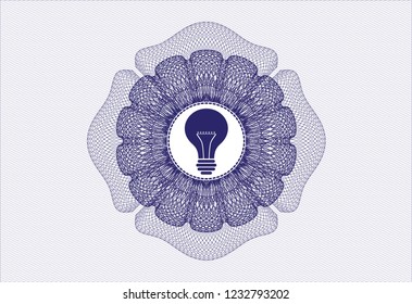 Blue money style emblem or rosette with light bulb icon inside