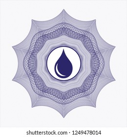 Blue money style emblem or rosette with drop icon inside