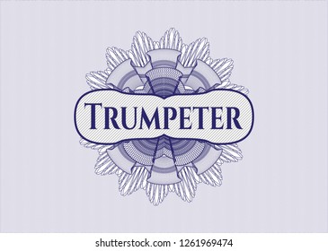 Blue money style emblem or rosette with text Trumpeter inside