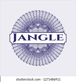 Blue money style emblem or rosette with text Jangle inside