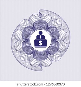 Blue money style emblem or rosette with man working on computer icon inside