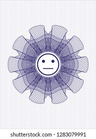 Blue money style emblem or rosette with serious face icon inside