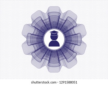 Blue money style emblem or rosette with graduation icon inside