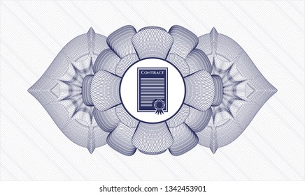 Blue money style emblem or rosette with contract icon inside