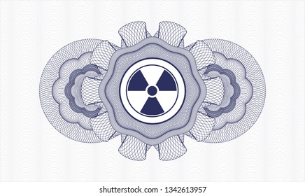 Blue money style emblem or rosette with nuclear, radioactive icon inside