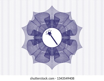 Blue money style emblem or rosette with magic stick icon inside