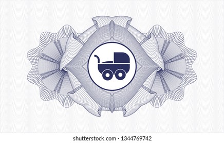 Blue money style emblem or rosette with baby cart icon inside