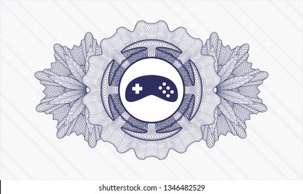 Blue money style emblem or rosette with video game icon inside