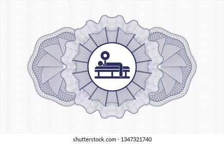 Blue money style emblem or rosette with bench press icon inside