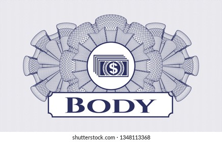 Blue money style emblem or rosette with money icon and Body text inside